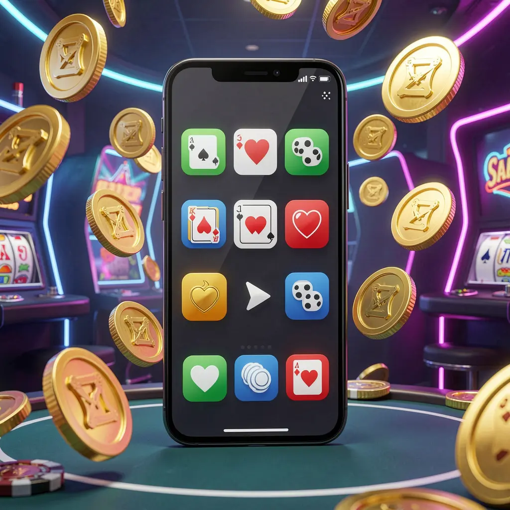 Konsep aplikasi kasino Android WP8888 yang ditampilkan pada ponsel modern dengan ikon aplikasi, dikelilingi koin emas dan simbol mesin slot yang melayang dalam suasana kasino neon dalam render 3D realistis