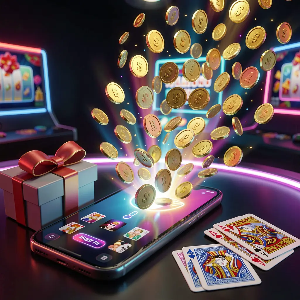 Spanduk bonus kasino seluler WP8888 yang menampilkan ponsel pintar dengan koin menyembur dari layar, kotak hadiah dan kartu remi di dekatnya, semuanya diterangi cahaya neon terang dalam render 3D realistis premium