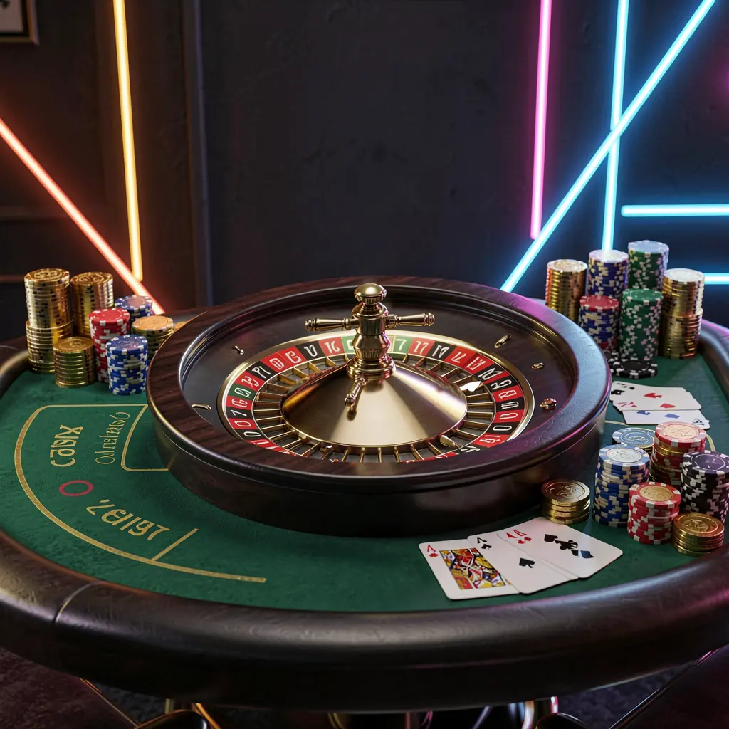 Meja kasino daring mewah dengan roda rolet, chip poker, kartu remi, dan koin emas di atas latar belakang gelap premium dengan cahaya neon, menampilkan spanduk utama halaman beranda permainan bertanggung jawab WP8888